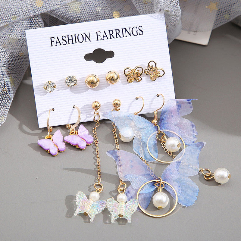 Gold Toned Butterfly Inspired Multicolour Contemporary Earrings Set of 6 For Women - MySmartBazaar