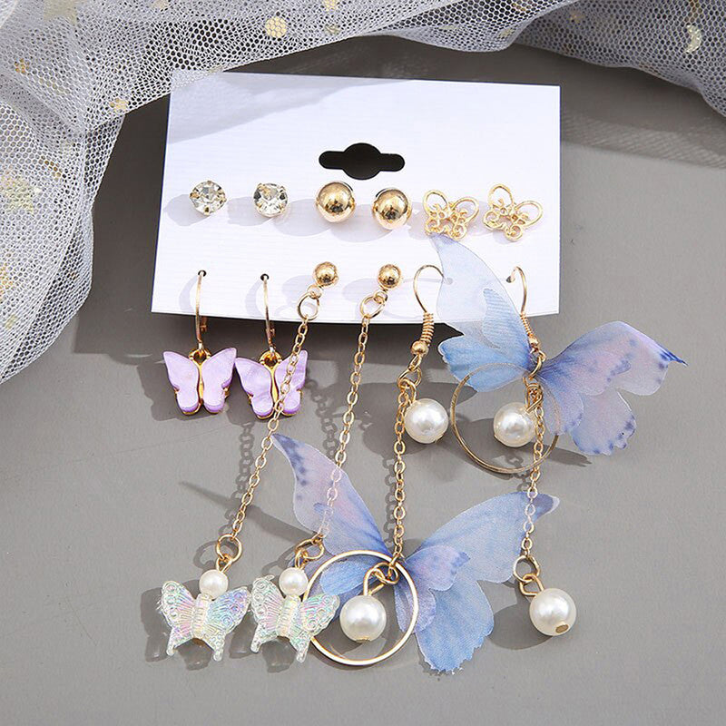 Gold Toned Butterfly Inspired Multicolour Contemporary Earrings Set of 6 For Women - MySmartBazaar