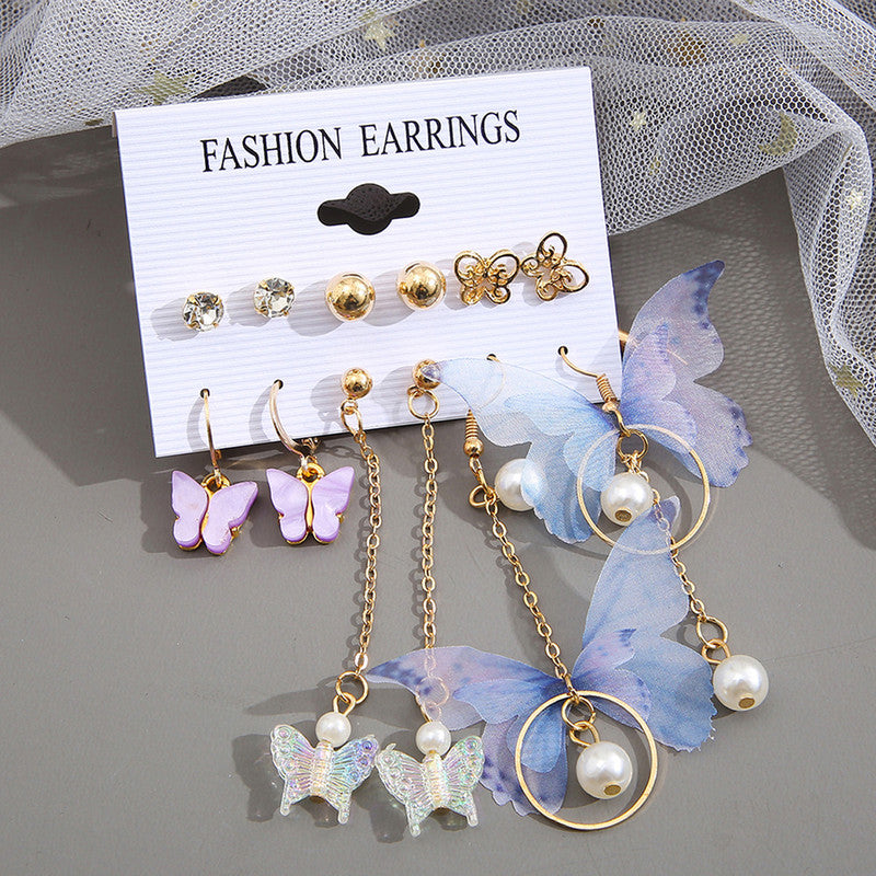 Gold Toned Butterfly Inspired Multicolour Contemporary Earrings Set of 6 For Women - MySmartBazaar