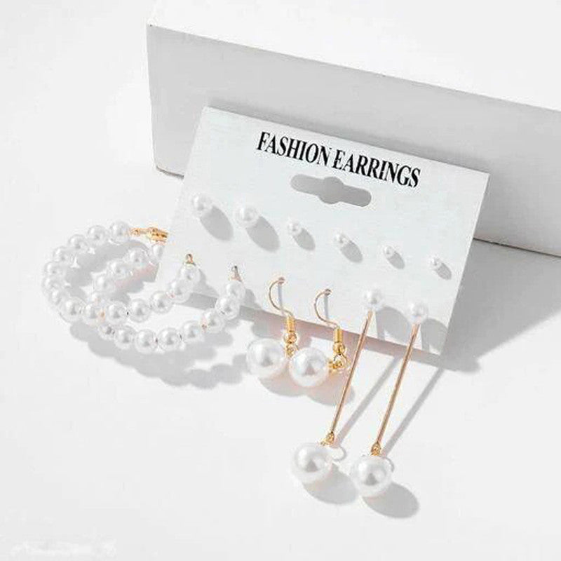 Gold Plated Gold-Toned White Studs, Hoops and Drop Earrings Set of 6 For Women - MySmartBazaar