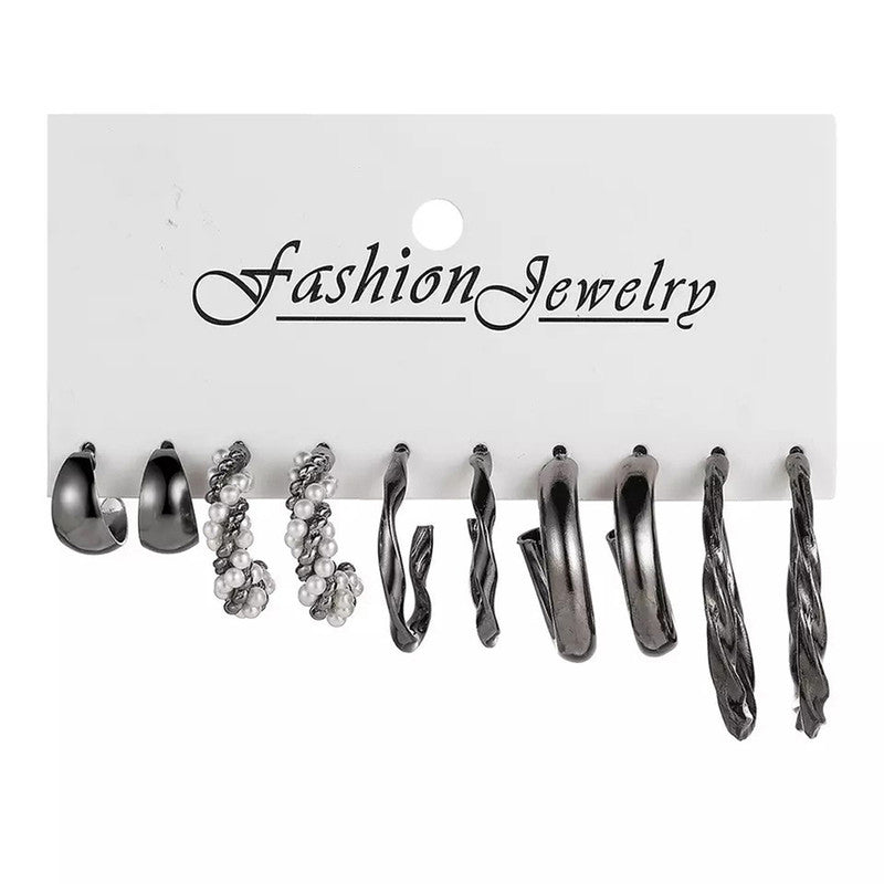 Black Silver Plated Black-Toned Contemporary Hoop Earrings Set of 5 For Women - MySmartBazaar