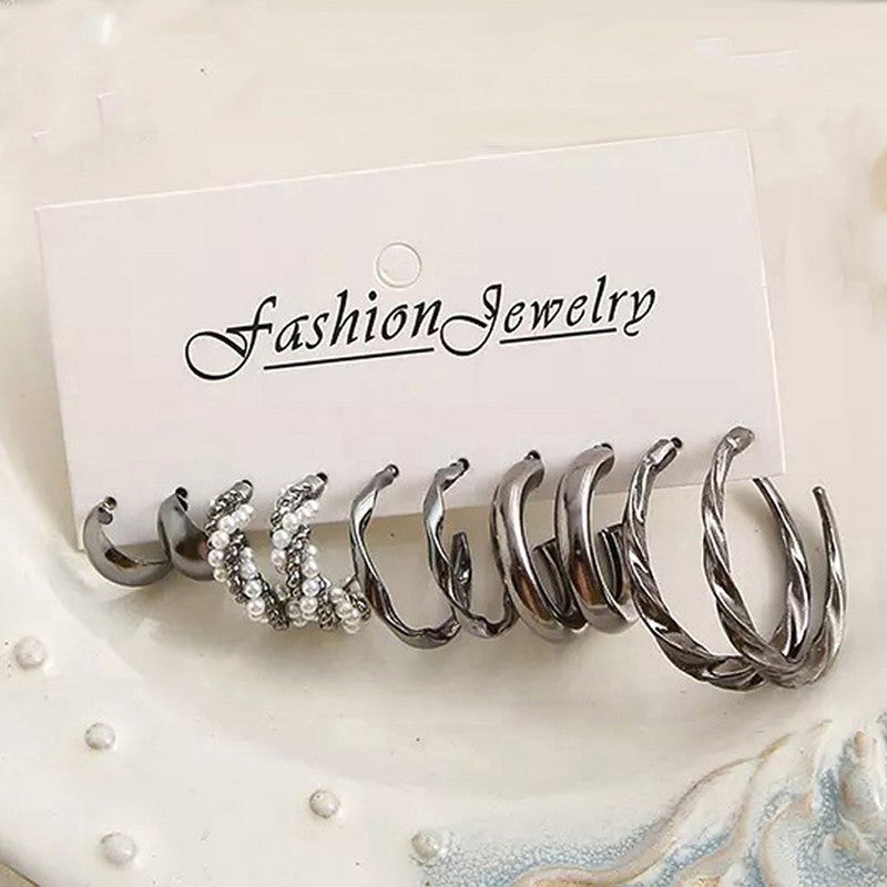 Black Silver Plated Black-Toned Contemporary Hoop Earrings Set of 5 For Women - MySmartBazaar
