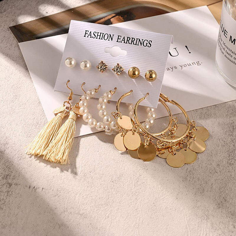 Gold Plated White Studs, Hoops and Drop Earrings Set of 6 For Women - MySmartBazaar