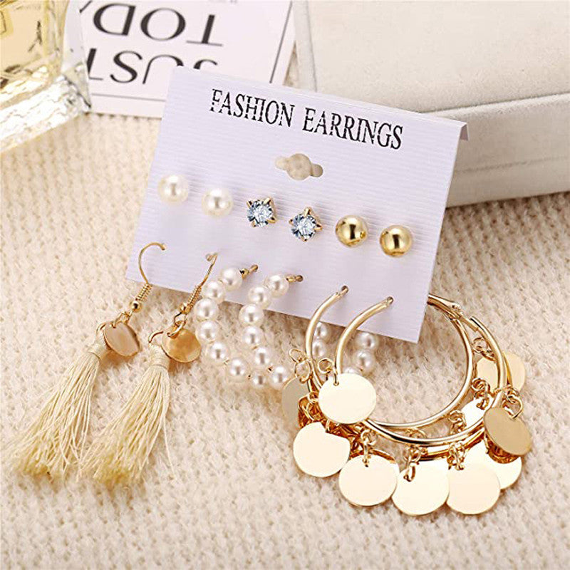 Gold Plated White Studs, Hoops and Drop Earrings Set of 6 For Women - MySmartBazaar
