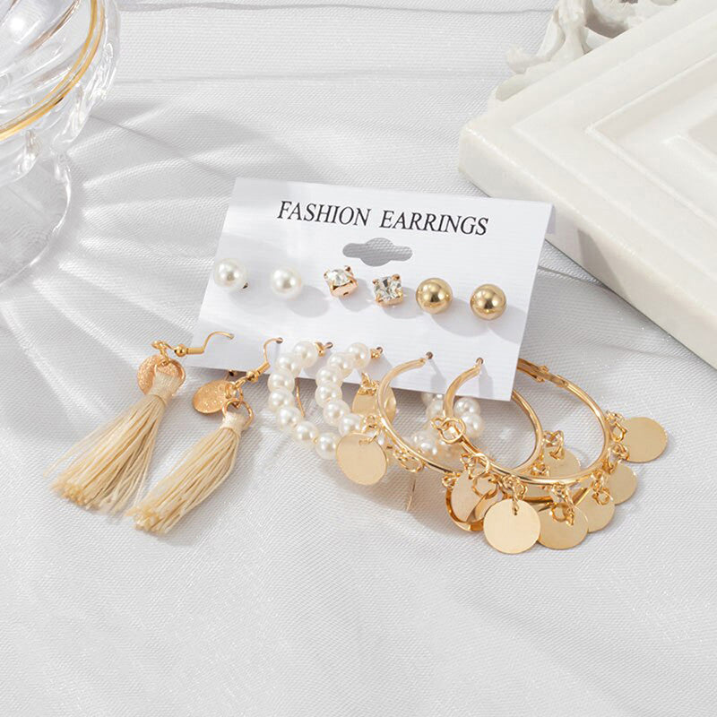 Gold Plated White Studs, Hoops and Drop Earrings Set of 6 For Women - MySmartBazaar