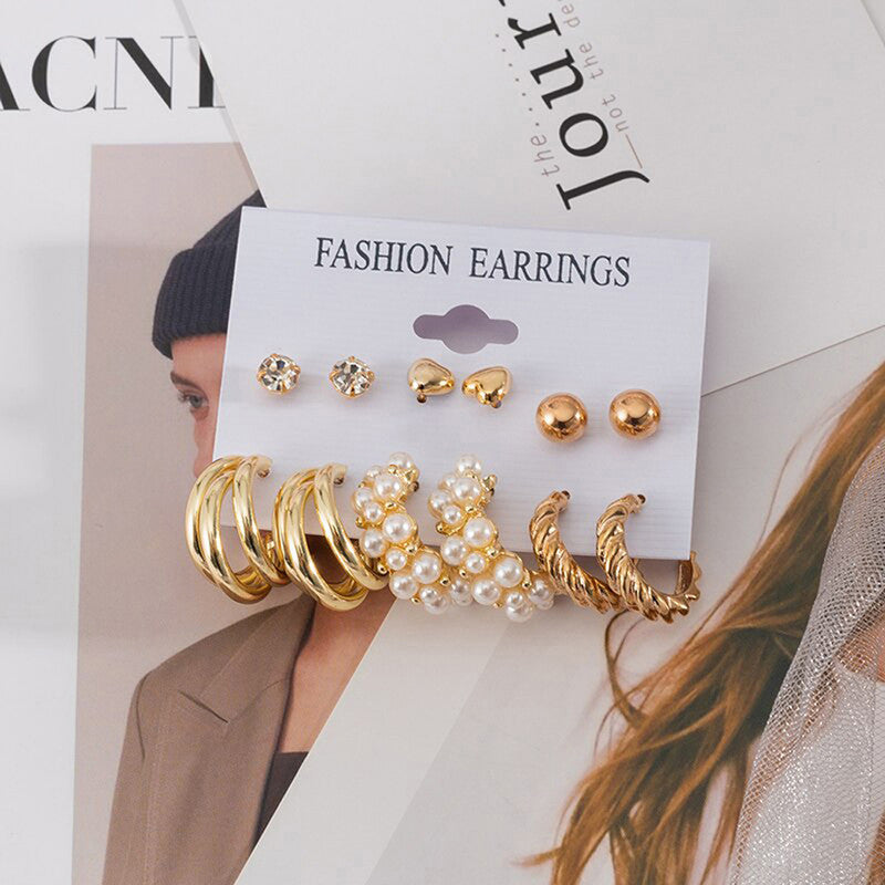 Gold Plated Contemporary Studs and Hoop Earrings Set of 6 For Women - MySmartBazaar