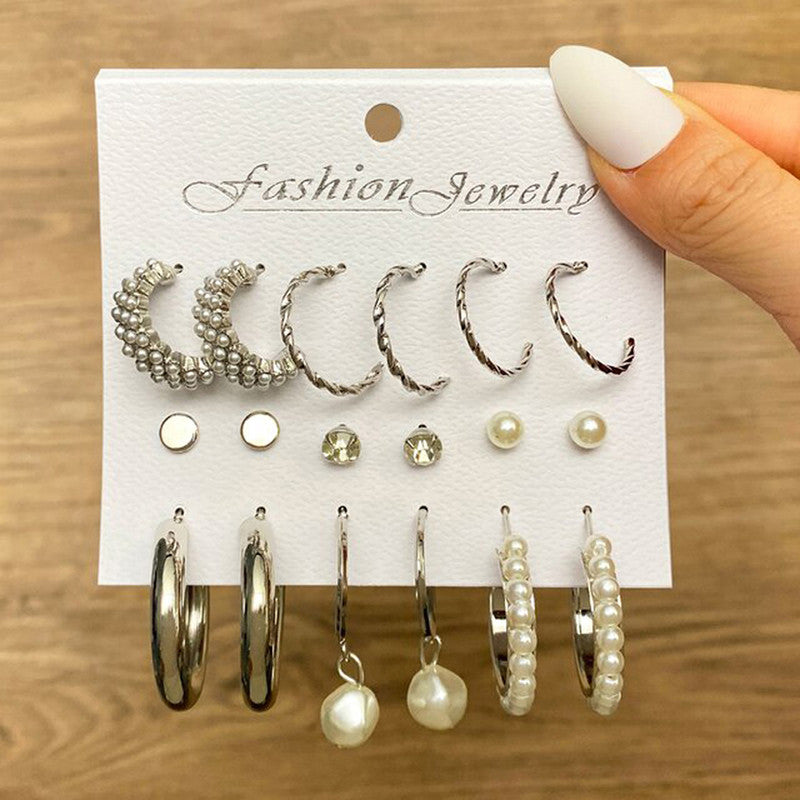 Silver Plated Silver-Toned Contemporary Hoop Earrings Set of 9 For Women - MySmartBazaar