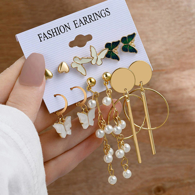 Gold Plated Butterfly Inspired Contemporary Studs and Drop Earrings Set of 6 For Women - MySmartBazaar