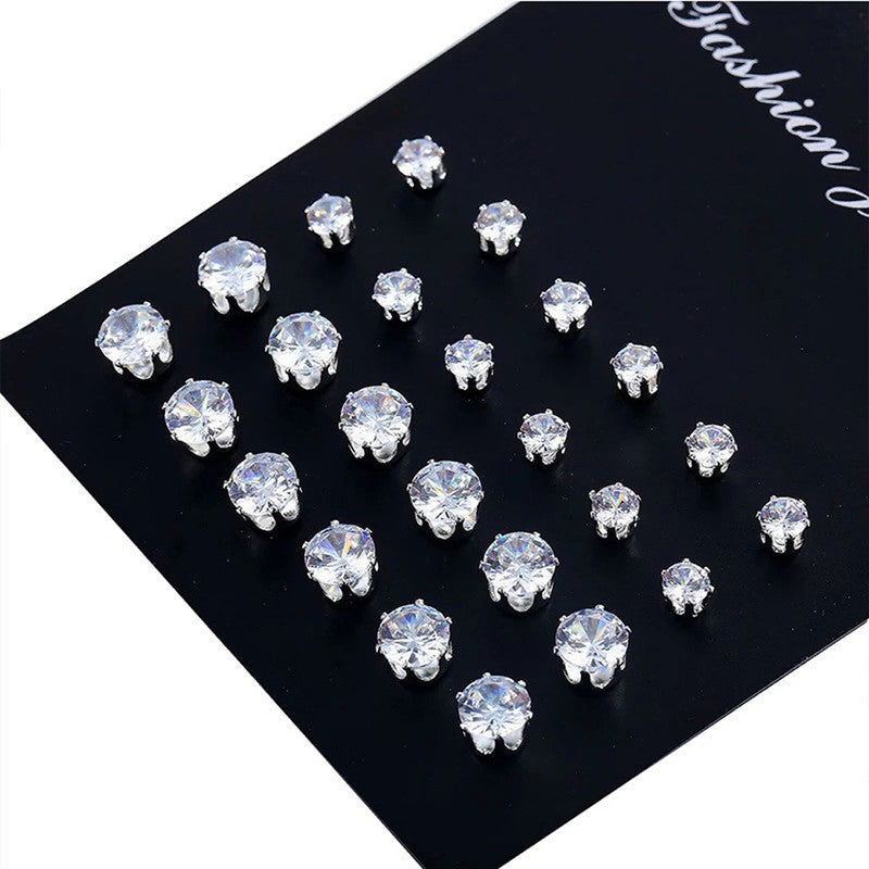 Silver Plated White Stud Earrings Set of 12 For Women - MySmartBazaar
