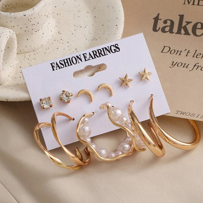 Gold Plated Contemporary Stars and Moon Studs and Hoop Earrings Set of 6 For Women - MySmartBazaar