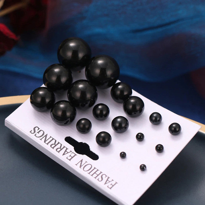 Black Silver Plated Stud Earrings Set of 9 For Women - MySmartBazaar