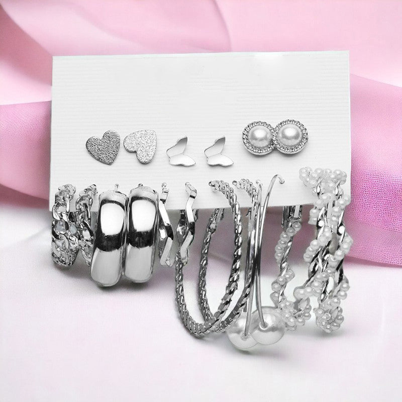Silver Plated Silver-Toned Contemporary Hoop Earrings Set of 9 For Women - MySmartBazaar