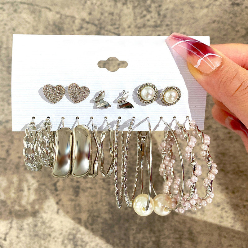 Silver Plated Silver-Toned Contemporary Hoop Earrings Set of 9 For Women - MySmartBazaar