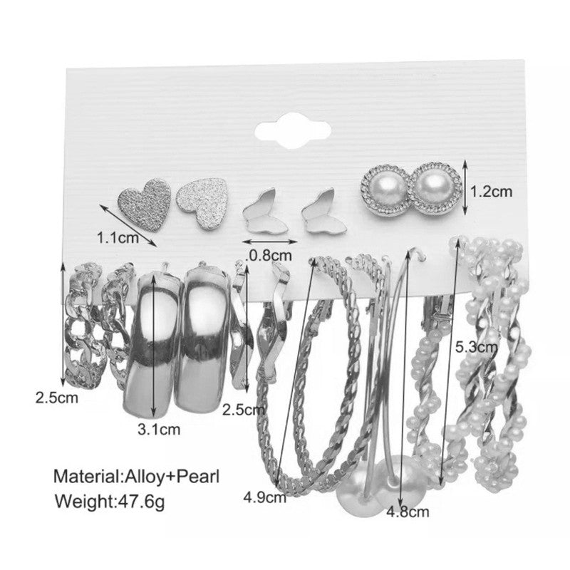 Silver Plated Silver-Toned Contemporary Hoop Earrings Set of 9 For Women - MySmartBazaar