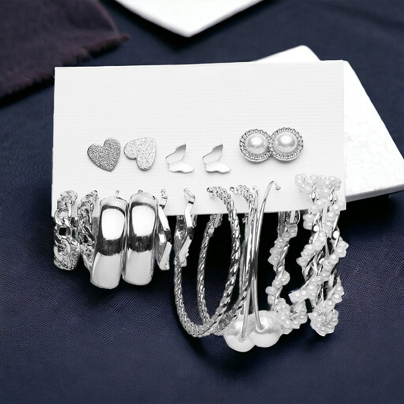 Silver Plated Silver-Toned Contemporary Hoop Earrings Set of 9 For Women - MySmartBazaar