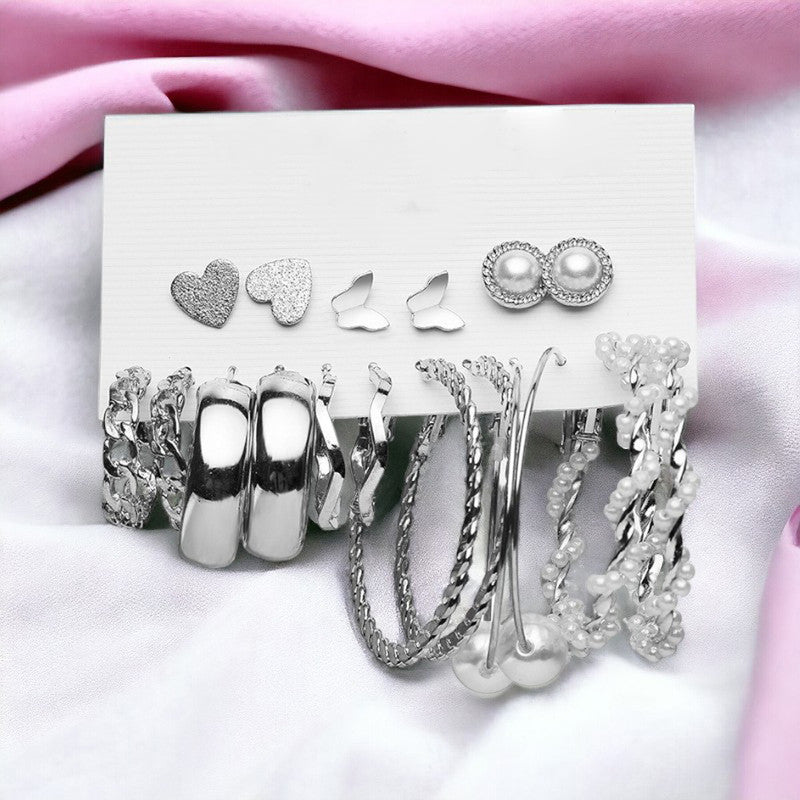 Silver Plated Silver-Toned Contemporary Hoop Earrings Set of 9 For Women - MySmartBazaar