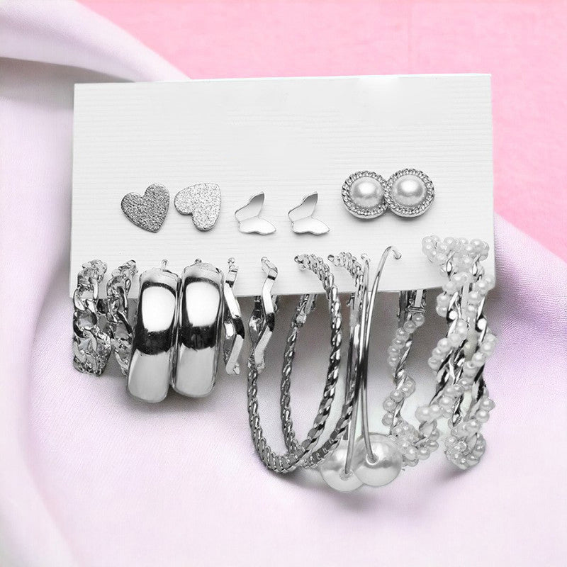 Silver Plated Silver-Toned Contemporary Hoop Earrings Set of 9 For Women - MySmartBazaar