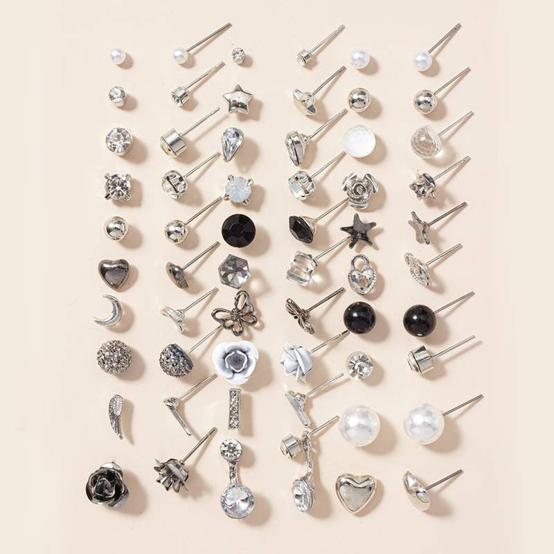 Silver Plated Black and White Studs of 30 Pair For Women - MySmartBazaar