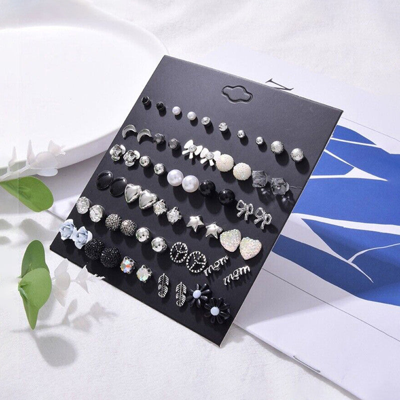 Silver Plated Black and White Studs of 30 Pair For Women - MySmartBazaar