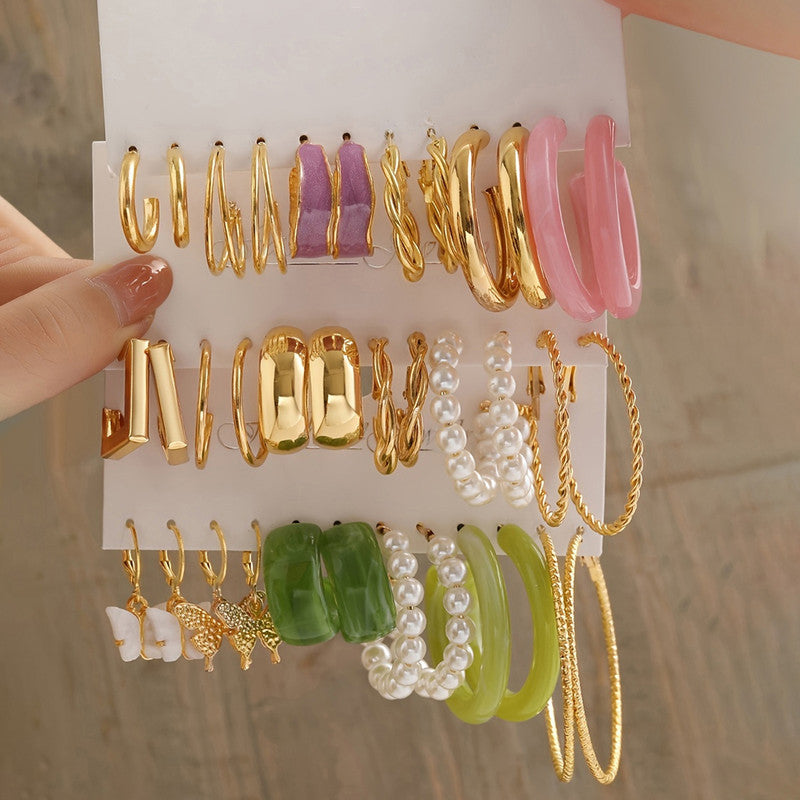 Gold Plated Set Of 18 Pairs Of Hoop And Pearl Earrings For Women - MySmartBazaar