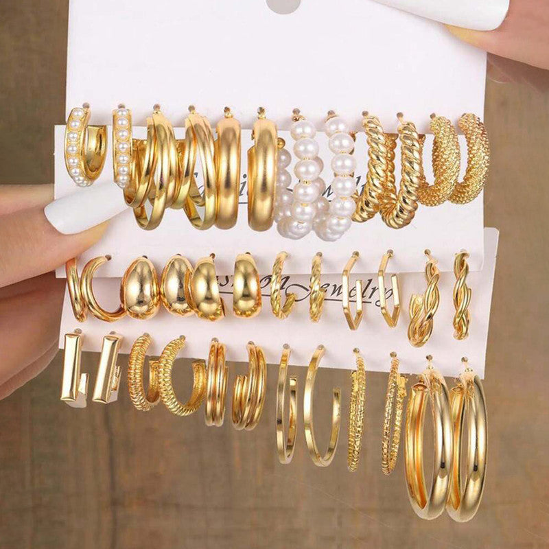 Gold Plated Set Of 18 Pairs Of Hoop And Pearl Earrings For Women - MySmartBazaar