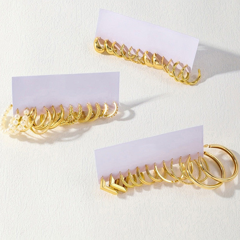 Gold Plated Set Of 18 Pairs Of Hoop And Pearl Earrings For Women - MySmartBazaar