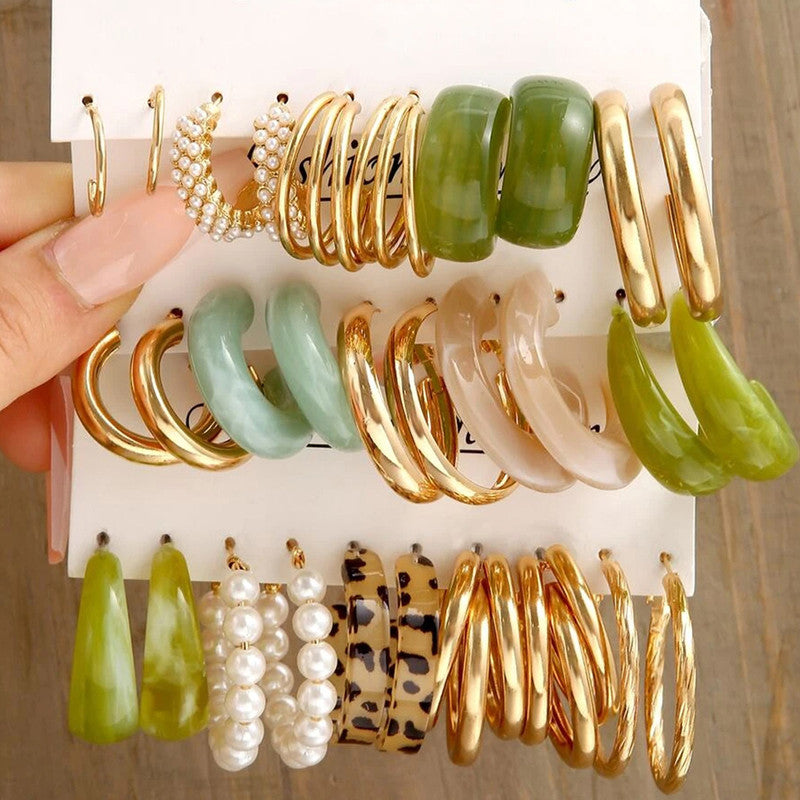 Gold Plated Set Of 15 Pairs Of Hoop And Pearl Earrings For Women - MySmartBazaar