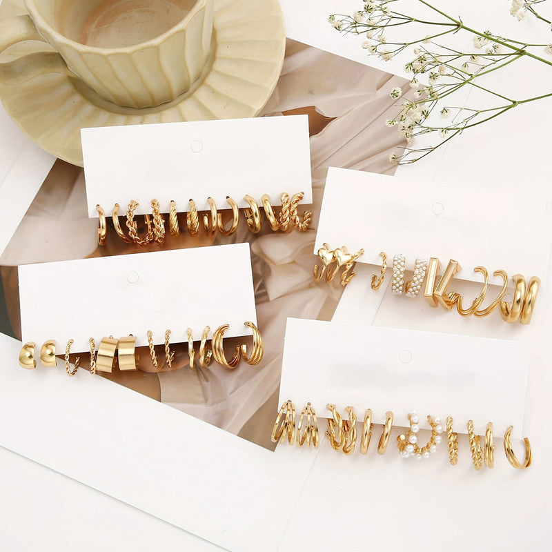 Gold Plated Set Of 24 Pairs Of Hoop And Pearl Earrings For Women - MySmartBazaar