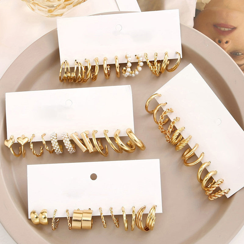 Gold Plated Set Of 24 Pairs Of Hoop And Pearl Earrings For Women - MySmartBazaar