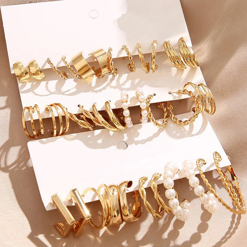 Gold Plated Set Of 18 Pairs Of Hoop And Pearl Earrings For Women - MySmartBazaar