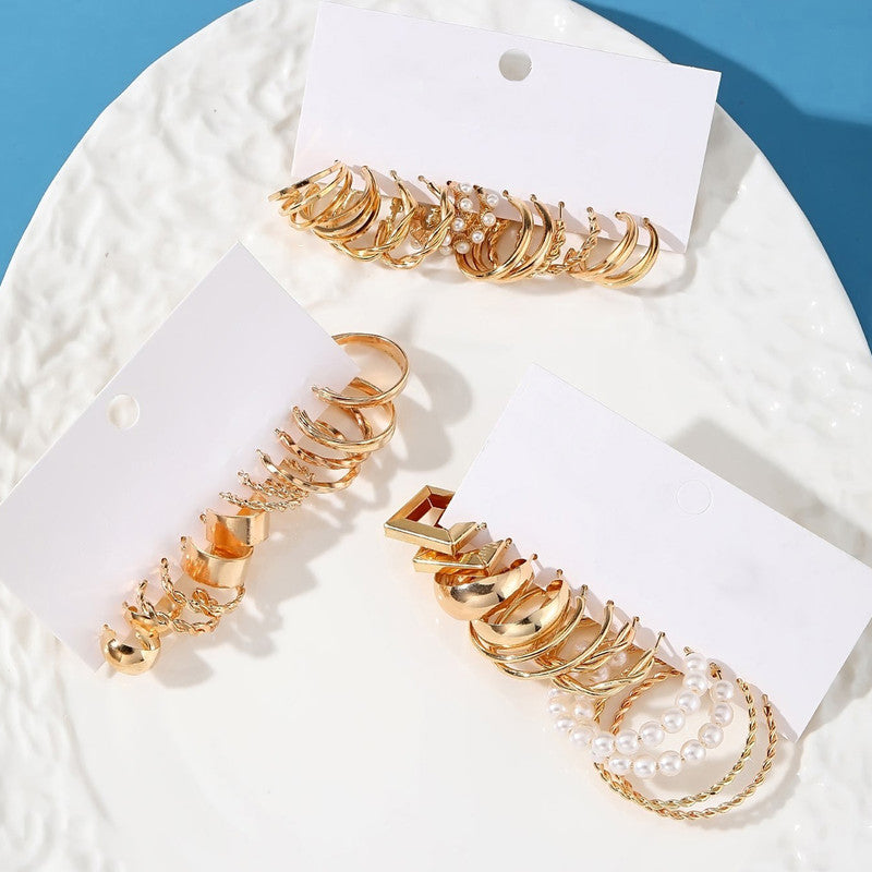 Gold Plated Set Of 18 Pairs Of Hoop And Pearl Earrings For Women - MySmartBazaar