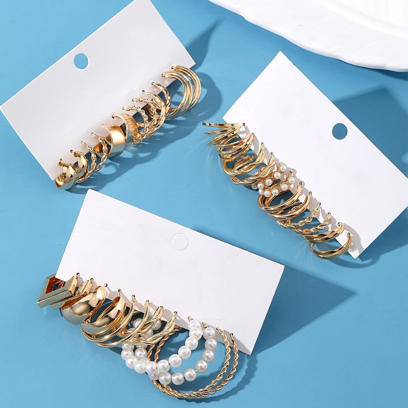 Gold Plated Set Of 18 Pairs Of Hoop And Pearl Earrings For Women - MySmartBazaar