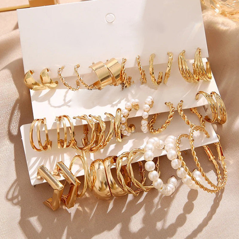 Gold Plated Set Of 18 Pairs Of Hoop And Pearl Earrings For Women - MySmartBazaar