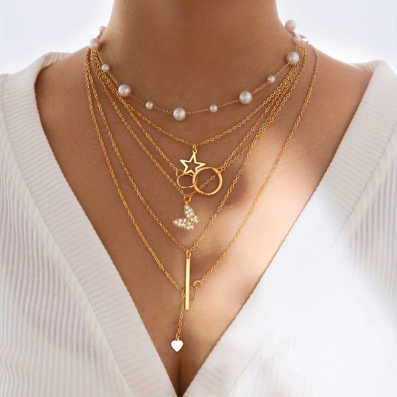 Gold Plated Butterfly inspired Set of 5 Layered Necklace For Women - MySmartBazaar