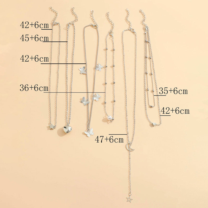 Silver Plated Butterfly inspired Set of 6 Layered Necklace For Women - MySmartBazaar