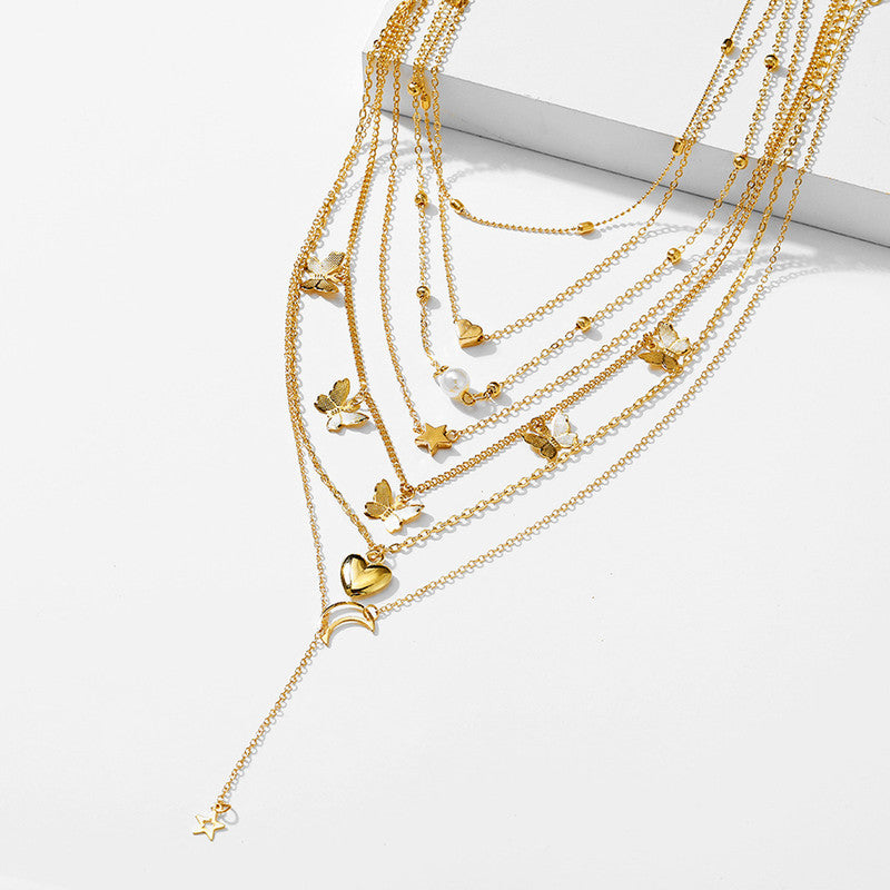 Gold Plated Butterfly inspired Set of 6 Layered Necklace For Women - MySmartBazaar