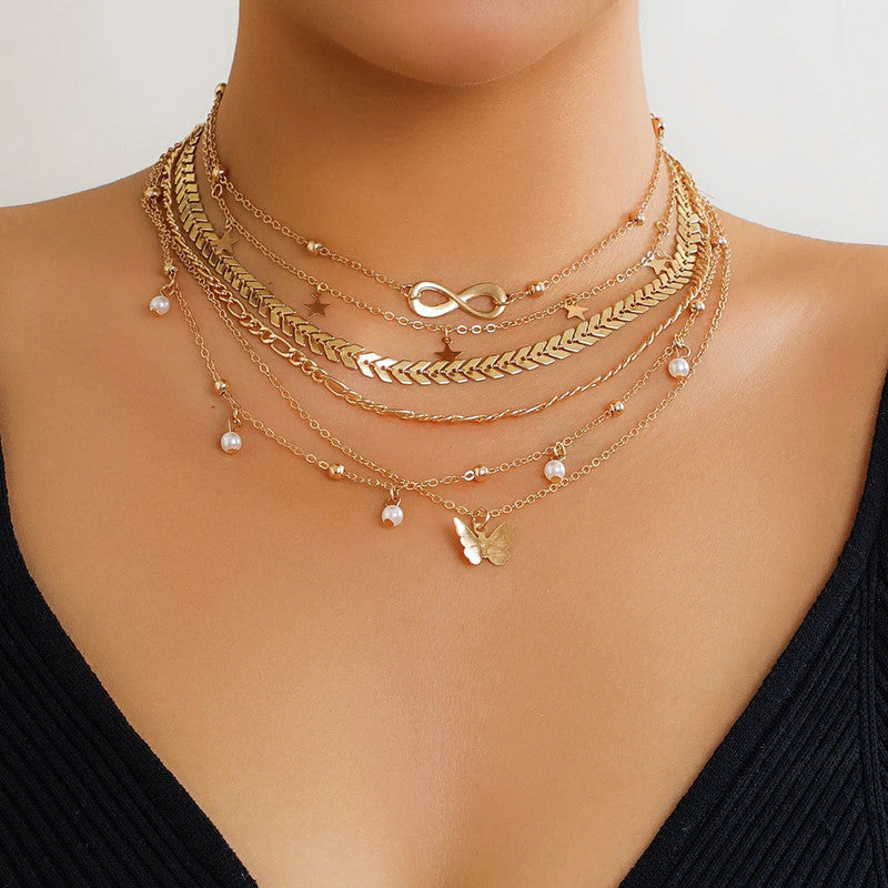 Gold-Plated Gold-Toned Pack of 6 Layered Necklace - MySmartBazaar