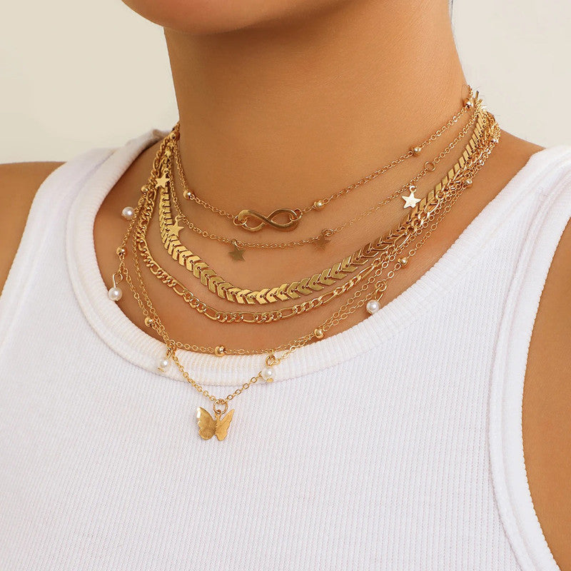 Gold-Plated Gold-Toned Pack of 6 Layered Necklace - MySmartBazaar