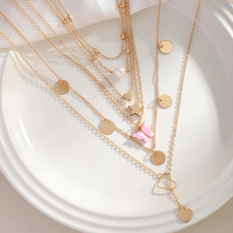 Gold-Plated Gold-Toned Pack of 7 Butterfly Layered Necklace - MySmartBazaar