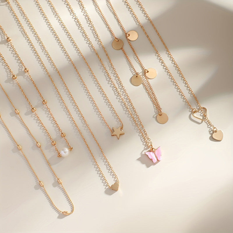 Gold-Plated Gold-Toned Pack of 7 Butterfly Layered Necklace - MySmartBazaar