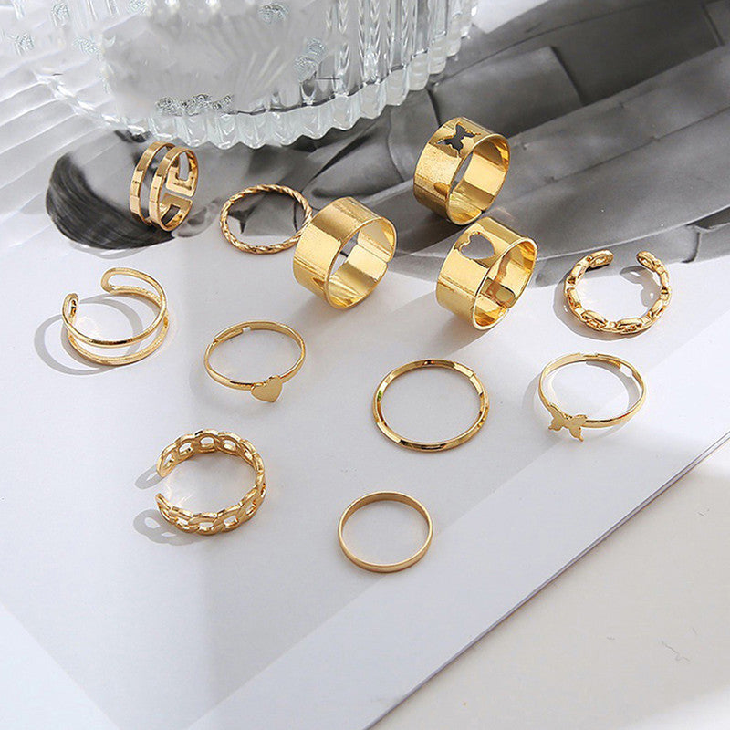 Women Set of 12 Gold-Plated Adjustable Finger Ring - MySmartBazaar