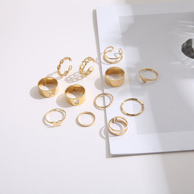 Women Set of 12 Gold-Plated Adjustable Finger Ring - MySmartBazaar