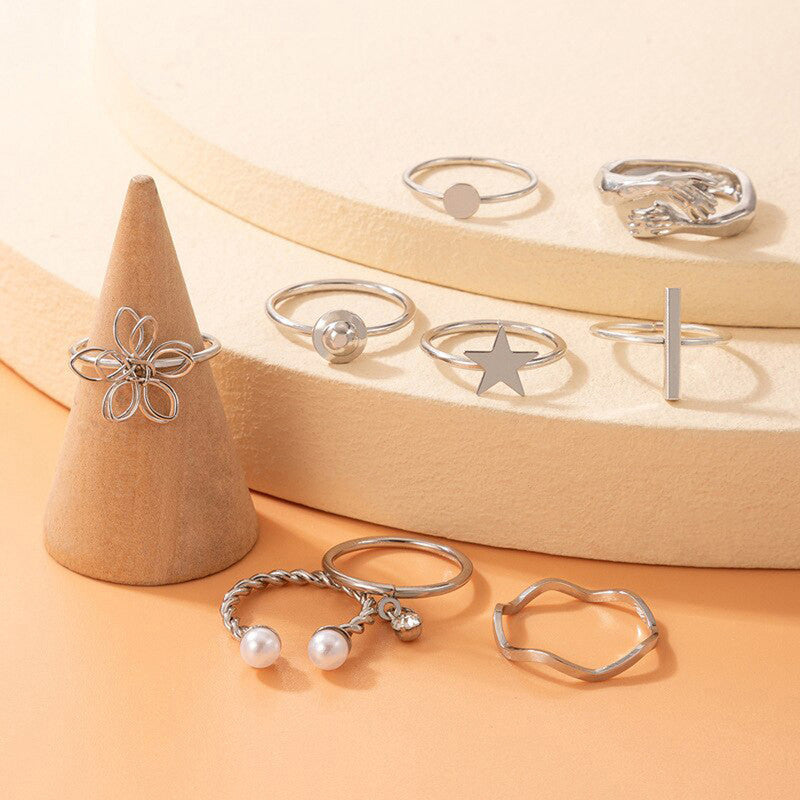 Women Set of 9 Silver Plated Adjustable Hug-Floral Finger Ring - MySmartBazaar