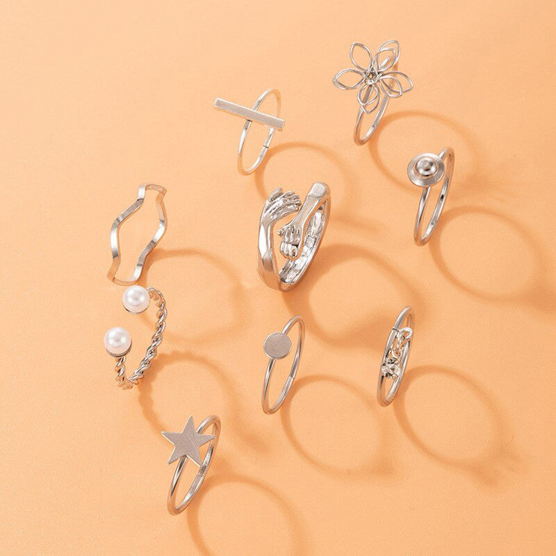 Women Set of 9 Silver Plated Adjustable Hug-Floral Finger Ring - MySmartBazaar