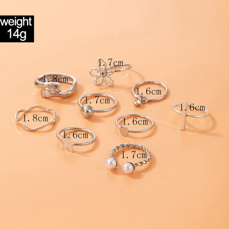 Women Set of 9 Silver Plated Adjustable Hug-Floral Finger Ring - MySmartBazaar
