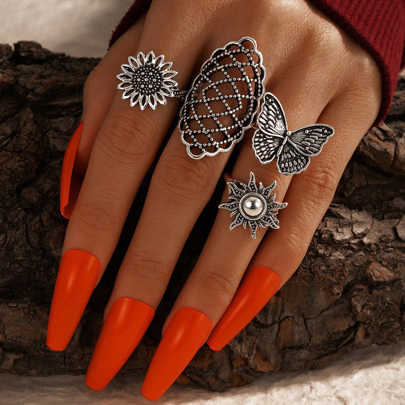 Women Set of 4 Silver Plated Adjustable Contemporary Finger Ring - MySmartBazaar