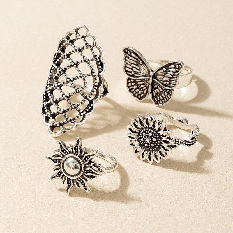 Women Set of 4 Silver Plated Adjustable Contemporary Finger Ring - MySmartBazaar