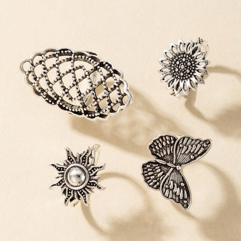 Women Set of 4 Silver Plated Adjustable Contemporary Finger Ring - MySmartBazaar