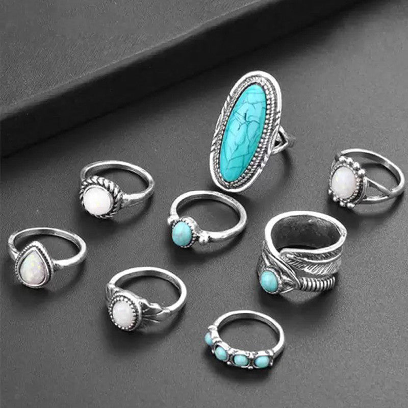 Women Set of 8 Silver Plated Turquoise Contemporary Finger Ring - MySmartBazaar