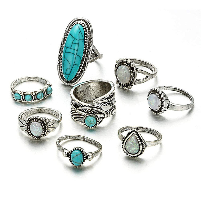 Women Set of 8 Silver Plated Turquoise Contemporary Finger Ring - MySmartBazaar